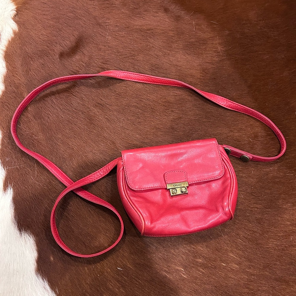 Vintage DKNY Red Leather Crossbody Bag Y2K Minimal Designer Purse Retro 90s